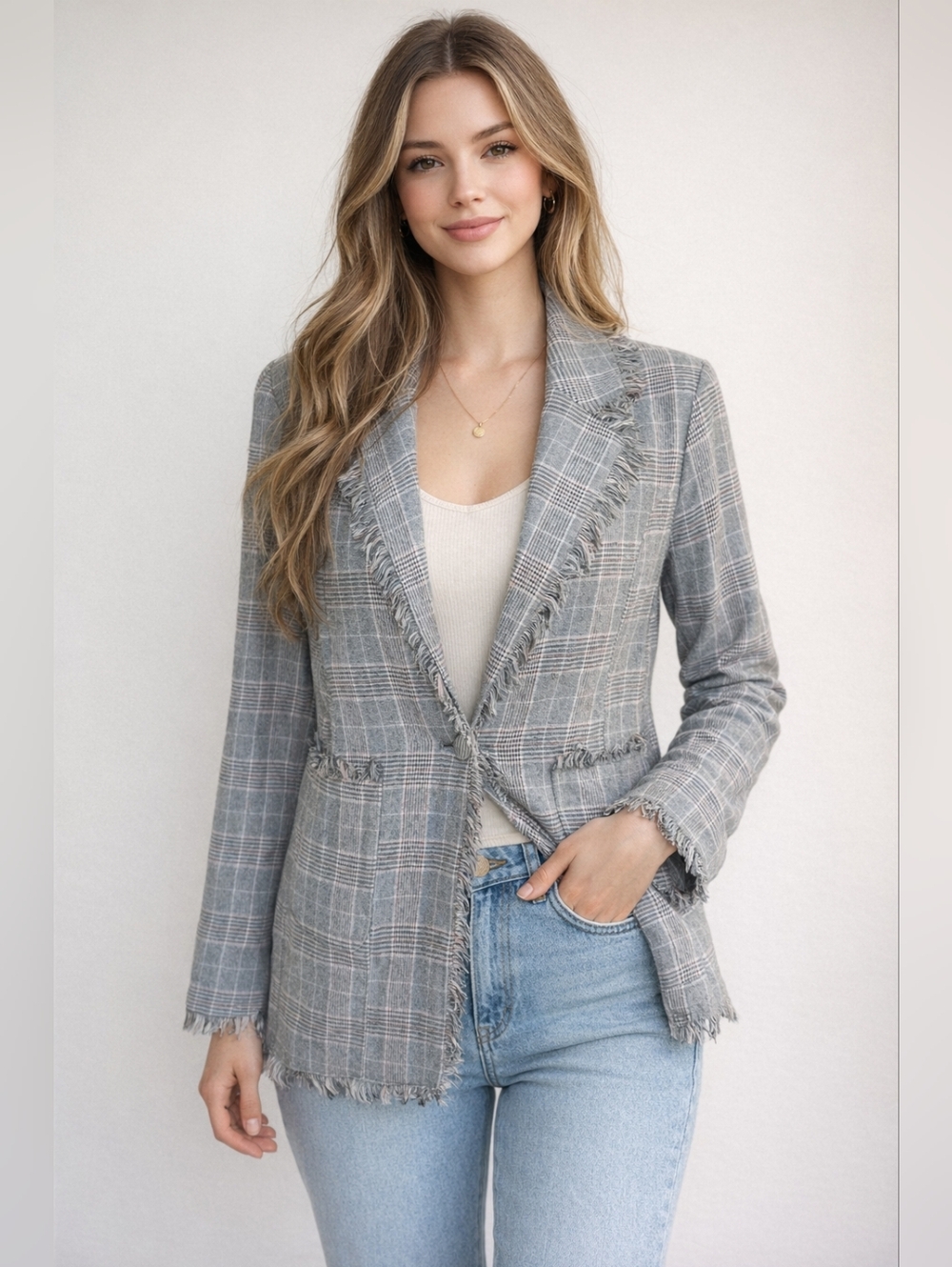 FATE Plaid Blazer Jacket fringe gray maroon black cream Acedemia Large